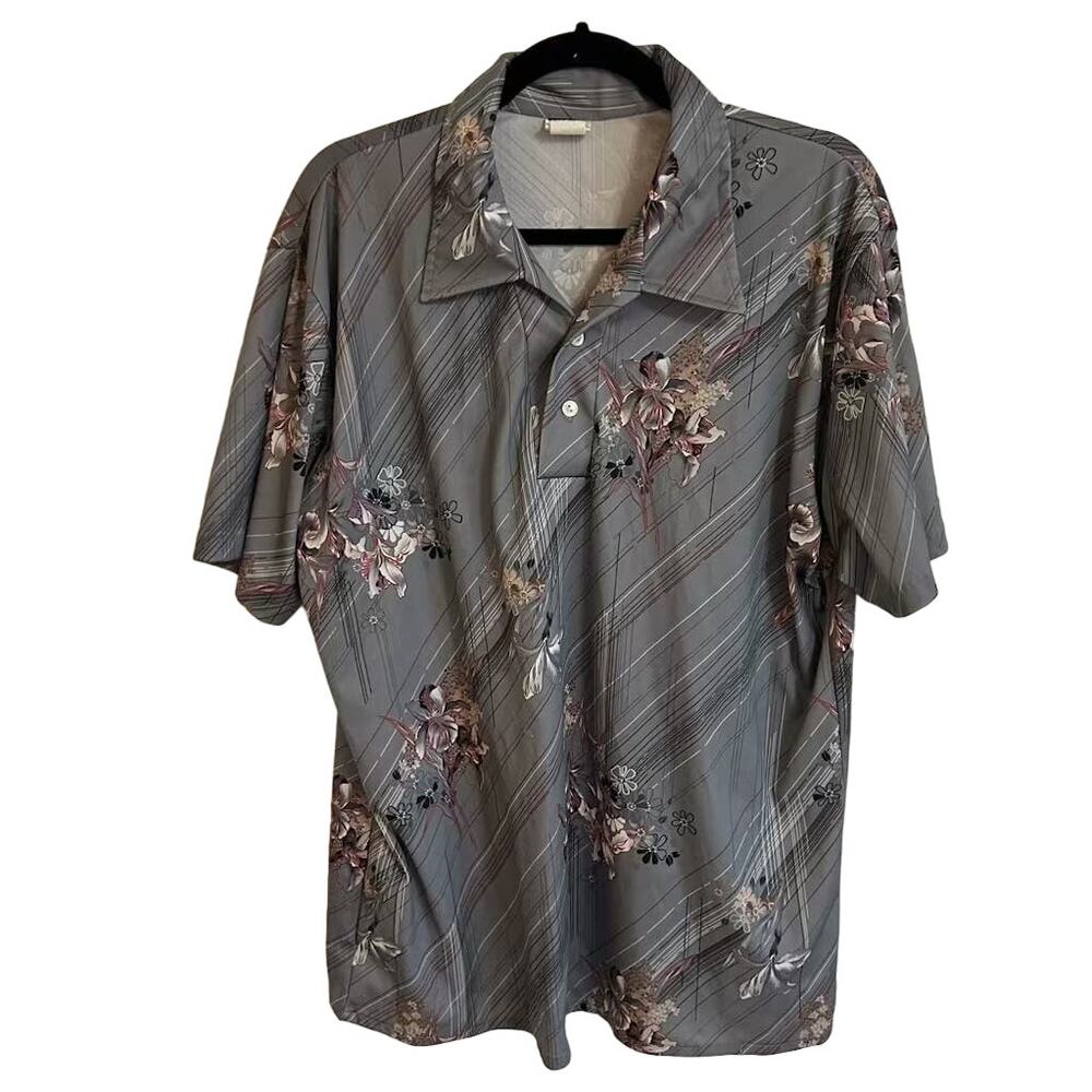 VTG Stuart Mann Mens XL 70s Polo Shirt Short Sleeves Collared Floral Disco Gray